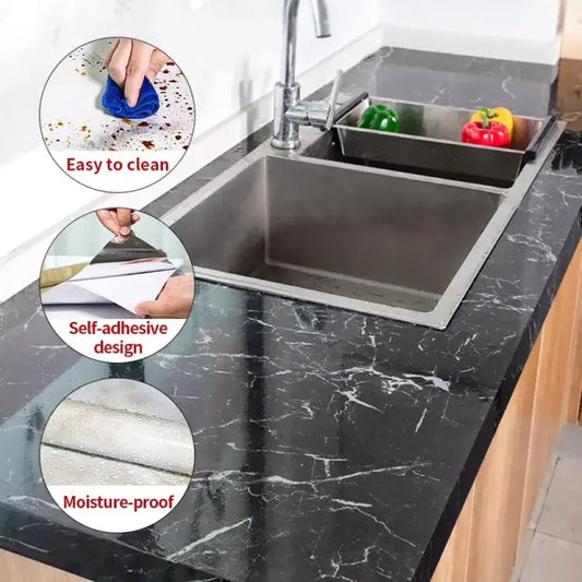 Self-Adhesive Kitchen Marble Sheet – Waterproof & Heat Resistant Wall Sticker for Kitchen, Bathroom & Living Room | Anti-Oil Black Marble Wallpaper (60 × 200 cm)