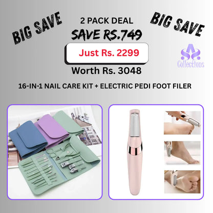 16-in-1 Nail Care Kit + Electric Pedi Foot Filer