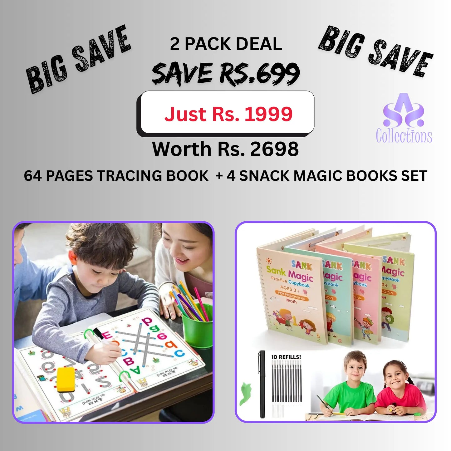 64 Pages Tracing Book  + 4 Snack Magic Books Set